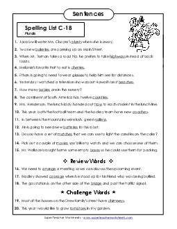 Spelling Test Sentences (C-18)  Spelling C Worksheet