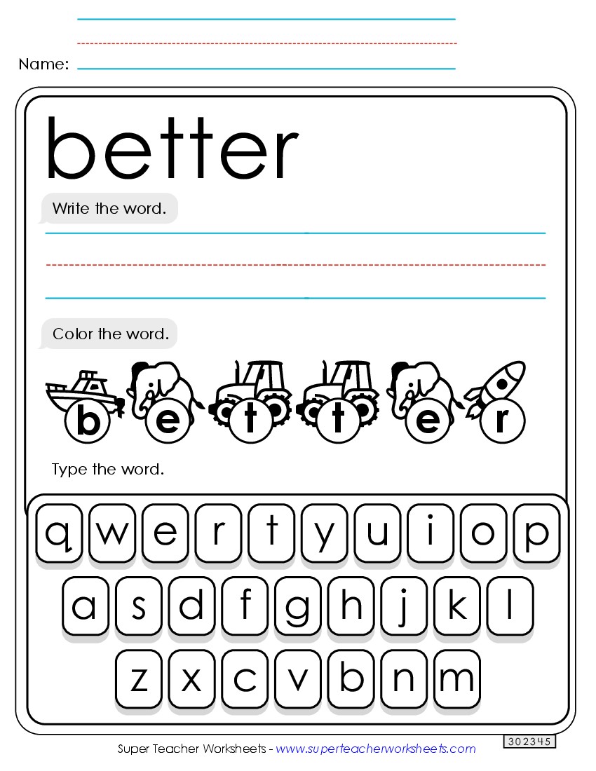 Write, Color, Type: Better Sight Words Individual Worksheet