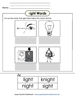 Cut and Glue (-ight) Word Families Worksheet