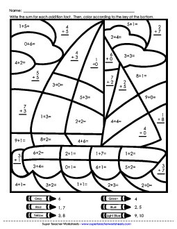 Addition Mystery Picture: Sailboat Worksheet