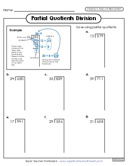 Partial Quotients  3-Digit by 2-Digit Division (with Remainders) Worksheet