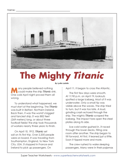New The Mighty Titanic Worksheet New The Mighty Titanic Worksheet