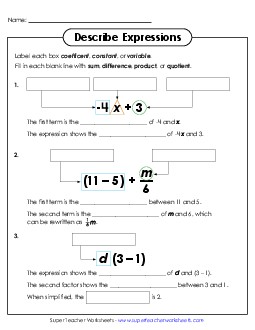 Label & Identify Parts of Expressions Algebra Worksheet