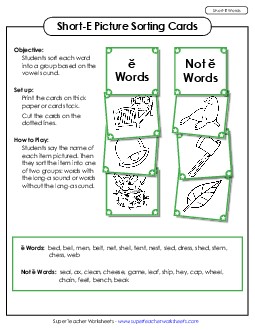 Picture Sorting Cards: (Short E Words) Free Phonics Long Short E Worksheet