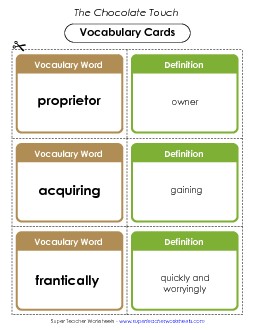 Vocabulary Cards for Chapters 11 & 12 Book Chocolate Touch Worksheet