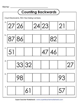 Counting Backwards: Fill In Worksheet