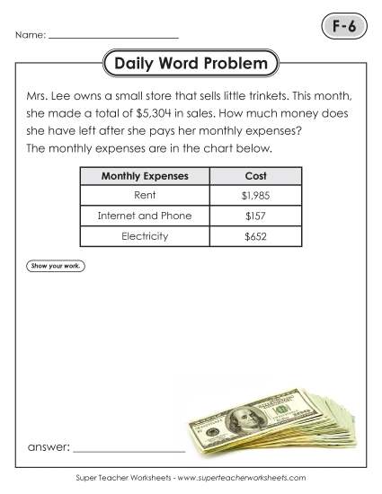 New Daily Word Problems<BR>F-6 through F-10 Worksheet
