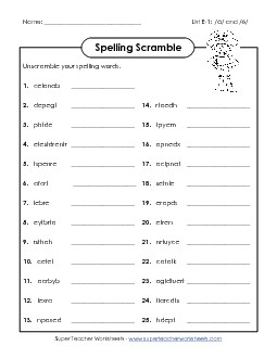 Word Scramble (E-1) Free Spelling E Worksheet