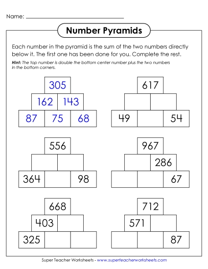 New Number Pyramids: Top Number Given Worksheet New Number Pyramids: Top Number Given Worksheet
