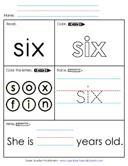 Six (Sight Word) Sight Words Individual Worksheet