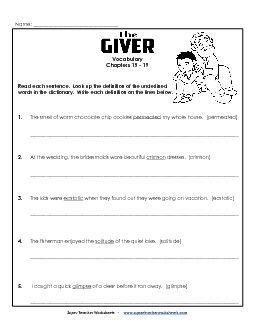 Questions for Chapters 15-19 Book The Giver Worksheet