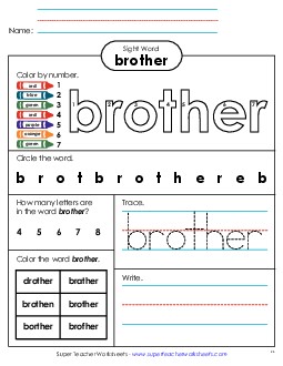 Worksheet 4: Brother Sight Words Individual Worksheet