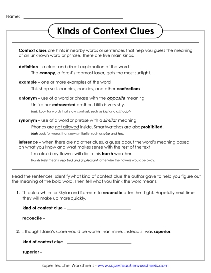 New Kinds of Context Clues Worksheet New Kinds of Context Clues Worksheet