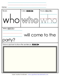 Worksheet 3: Who Sight Words Individual Worksheet