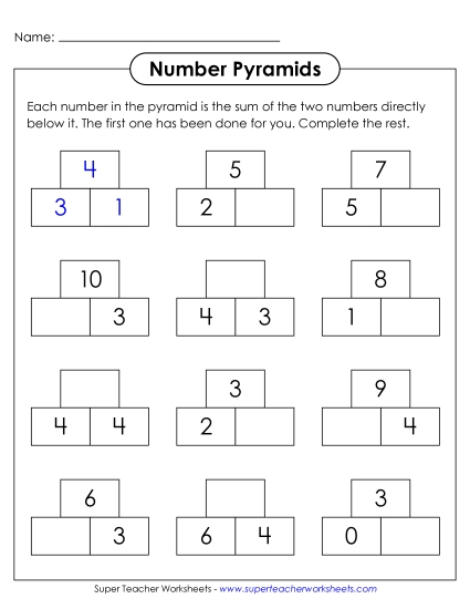 New Number Pyramids: Sums to 10 Worksheet New Number Pyramids: Sums to 10 Worksheet