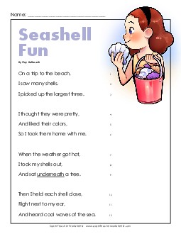 Seashell Fun (Poem) Reading Comprehension Worksheet