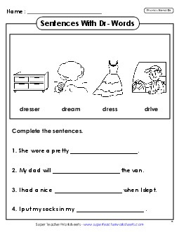 Sentences with DR Words Phonics Blends Worksheet