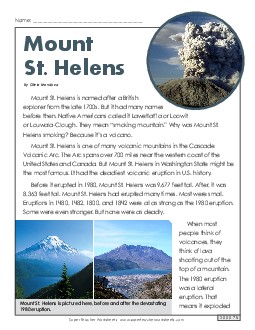 Mount St. Helens Passage 6th Grade Reading Comprehension Science Worksheet