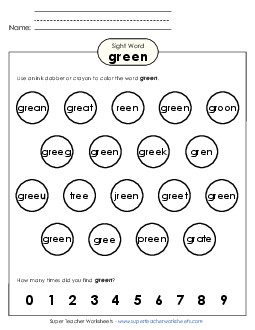 Dab or Color: Green Sight Words Individual Worksheet