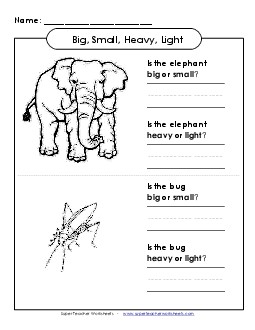 Big, Heavy, Small, Light (Very Basic) Attributes Worksheet