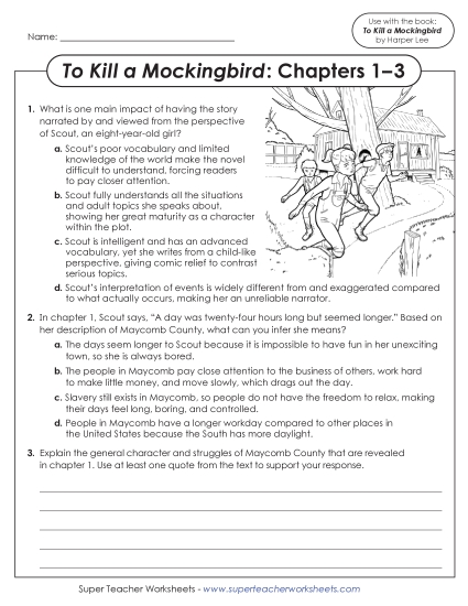 New Questions for Chapters 1–3<br>To Kill a Mockingbird Worksheet