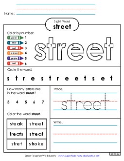 Worksheet 4: Street Sight Words Individual Worksheet