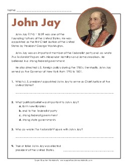 John Jay (Short Article) 4th Grade Reading Comprehension Reading Comp Short Worksheet