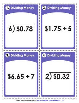 Task Cards: Dividing Money Division Worksheet