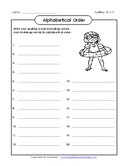 ABC Order: Write List (C-21) Spelling C Worksheet