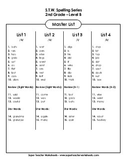 Master Spelling List (Grade Two) Spelling B Worksheet