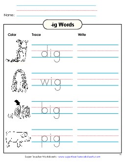 Trace and Write (-ig) Word Families Worksheet