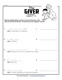 Vocab for Chapters 11-14 Book The Giver Worksheet