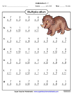 Drill: Basic Facts 0-7 (B) Multiplication Worksheet