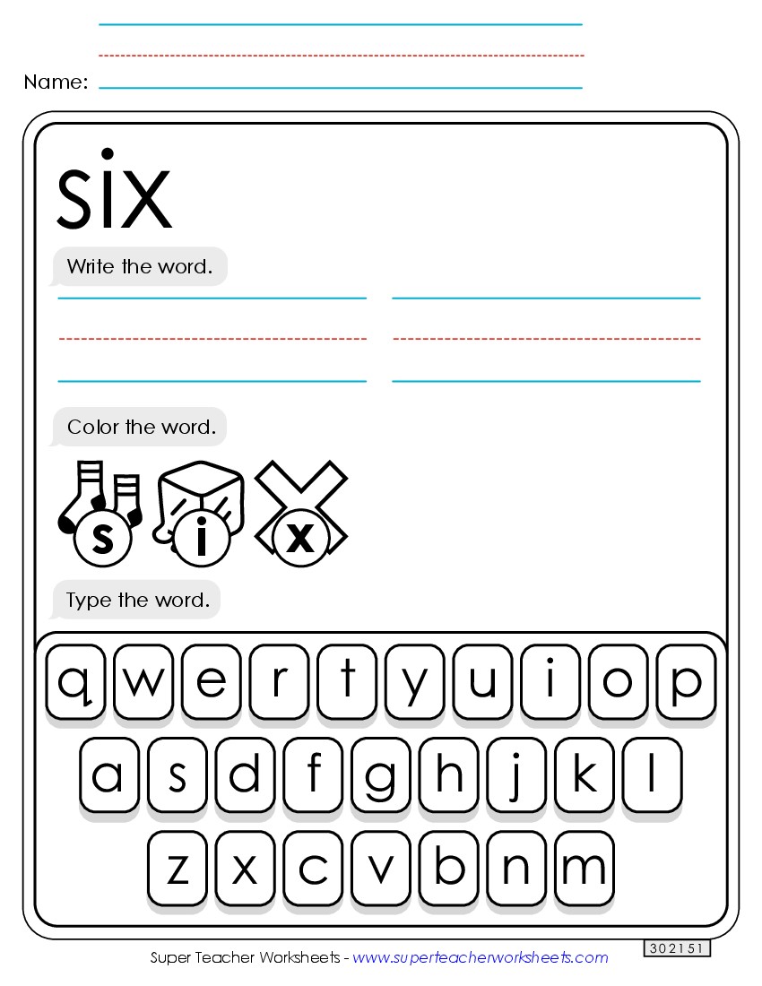 Write, Color, Type: Six Sight Words Individual Worksheet