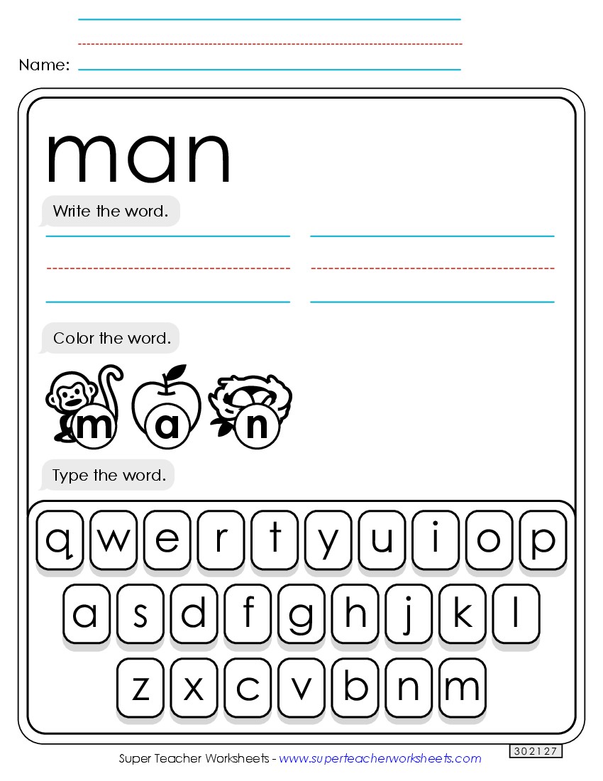 Write, Color, Type: Man Sight Words Individual Worksheet