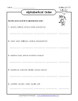 Alphabetical Order (E-23) Spelling E Worksheet