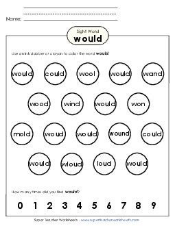 Dab or Color: Would Sight Words Individual Worksheet