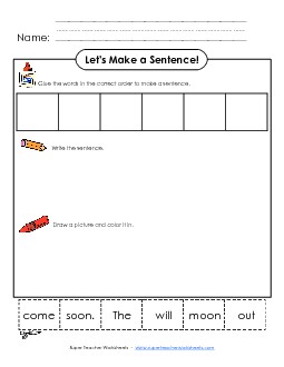 Build-a-Sentence: The moon will come out soon. Phonics Oo Worksheet