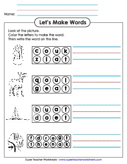 Color the Letters & Write (-oat) Word Families Worksheet