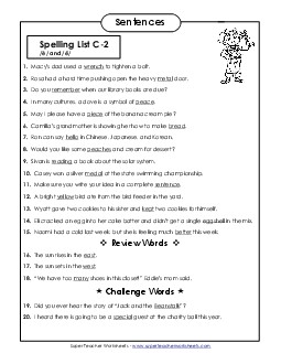 Spelling Test Sentences (C-2) Free Spelling C Worksheet