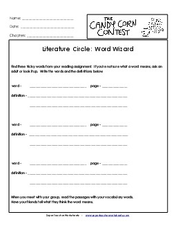 Literature Circles: Word Wizard Book Candy Corn Contest Worksheet