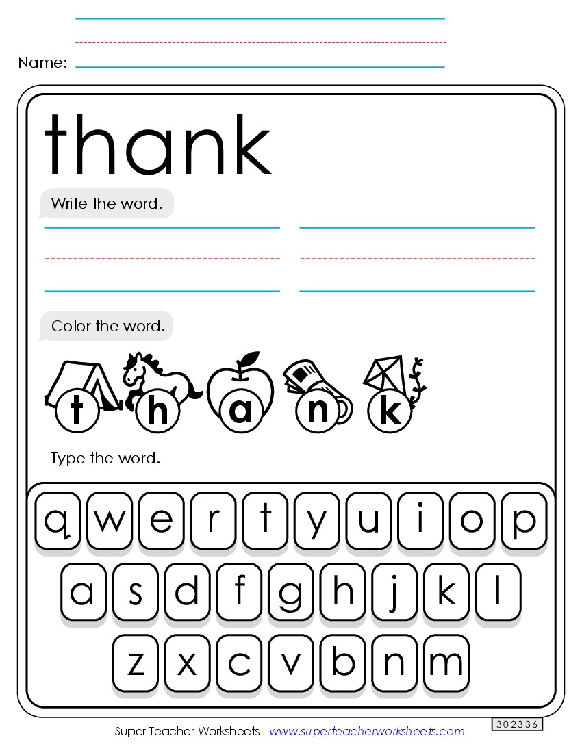 Write, Color, Type: Thank Sight Words Individual Worksheet