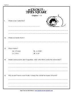 Comprehension Questions: Chapters 1 - 3 Free Book The Cricket In Times Square Worksheet