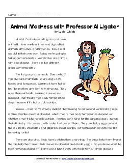 Animal Madness with Professor Al Ligator (Non-Fiction) 3rd Grade Reading Comprehension Worksheet