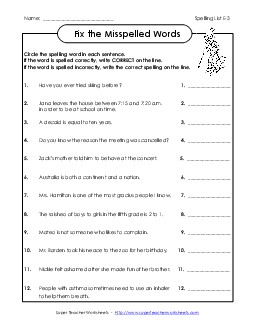 Fix the Mistakes (E-3) Spelling E Worksheet