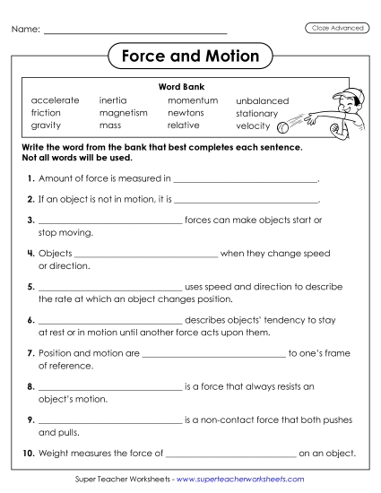 New Force & Motion Cloze Activity (Advanced) Worksheet New Force & Motion Cloze Activity (Advanced) Worksheet