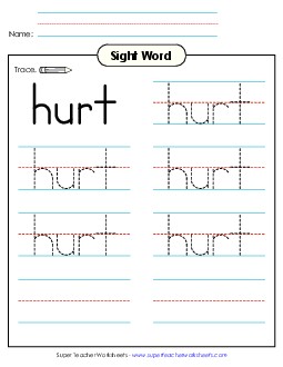 Trace the Word: Hurt Sight Words Individual Worksheet