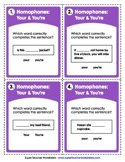 Task Cards: Your & You\'re Homophones Worksheet