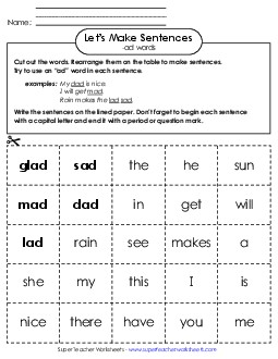 Make Sentences: Word Cards (-ad) Word Families Worksheet