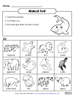 Ocean & Zoo Animal Sort 1st Grade Science Worksheet